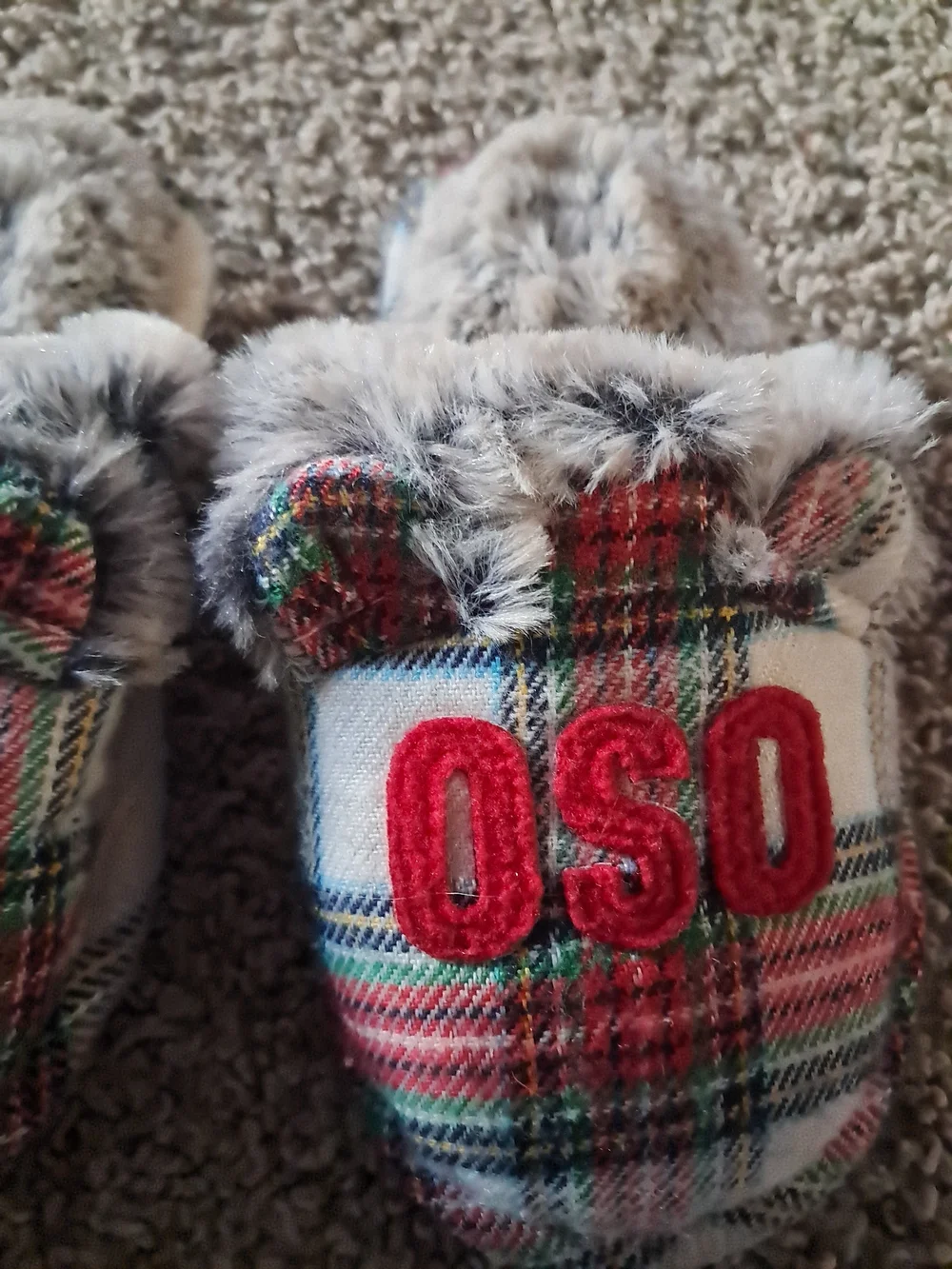 Plaid Faux-Fur Kids Slippers with Embroidered Letters - Red Plaid
